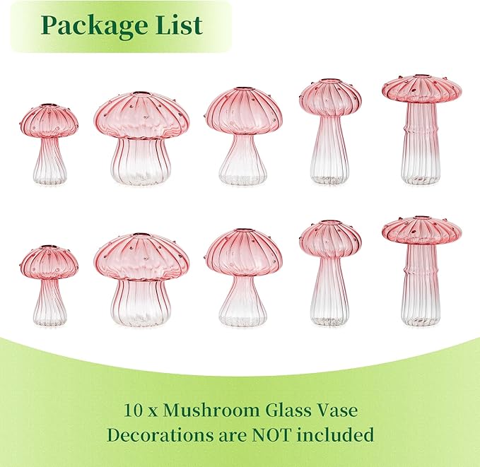 Hewory Mushroom Jars for Plants, 10pcs Pink Glass Mushroom Bud Vase for Flowers, Unique Plant Propagation Stations Propagating Vases Decor, Mini Cute Hydroponic Terrarium Planter for Indoor Planters