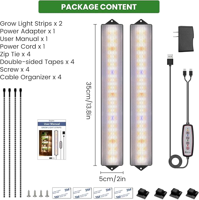 Wolezek Grow Lights for Indoor Plants, 210 LEDs Full Spectrum Plant Grow Light Strips with Upgared 4/8/12/16H Auto Timer, 13.8 Inches Bright Grow Lamp Bar for Plant Shelves and Cabinet, 2 Pack