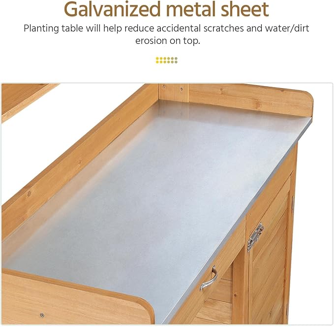Yaheetech Outdoor Garden Potting Bench Table Work Bench Metal Tabletop W/Cabinet Drawer Open Shelf Natural Wood