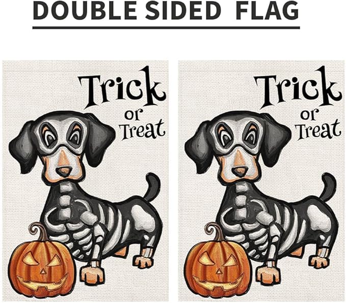 Halloween Trick or Treat Garden Flag Ghost Dog 12x18 Inch Small Double Sided Burlap Welcome Yard Dachshund Skeleton Outside Decorations DF342