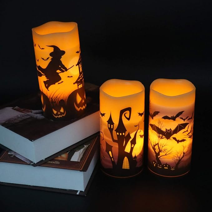 Eldnacele Halloween Flameless Flickering LED Candles with 6-Hour Timer, Battery Operated Wax Candles Assorted Decals Witch, Bats, Castle Set of 3 for Decoration