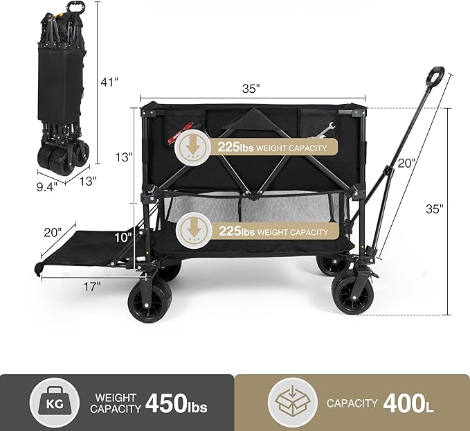 REDCAMP Large Collapsible Double Decker Wagon, 450lbs Heavy Duty 53" L Extra Long Extender Wagon Cart with All-Terrain Big Wheels for Camping, Shopping, Outdoor Sport