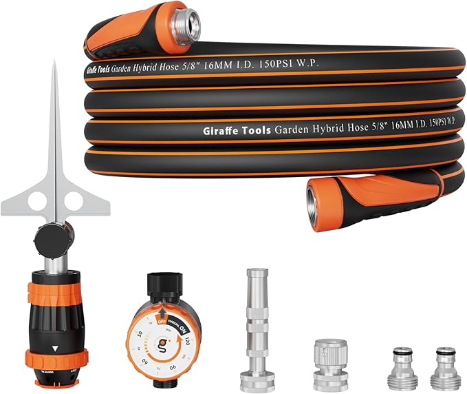 Giraffe Tools Garden Hose 25ft x 5/8", Water Hose Heavy Duty, Flexible with Timer Nozzle and Sprinkle, Lightweight Hybrid Hose with Swivel Handle, Male to Female Fittings, Burst 600 PSI