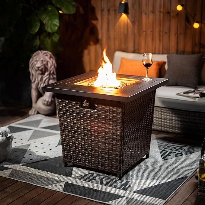 28'' Propane Fire Pit Table, 50,000 BTU Fire Table with Brown Wicker, Laval Rocks, Inclined Leg Design.