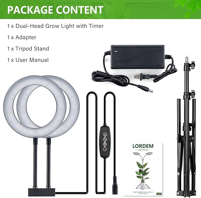 LORDEM Grow Light for Indoor Plants, 7.9" Diameter Dual-Head Plant Light for Plants Growing, Full Spectrum Growth Lamp with Auto Timer 3/6/12H, 4 Dimmable Levels, 3 Lighting Modes, Adjustable Stand