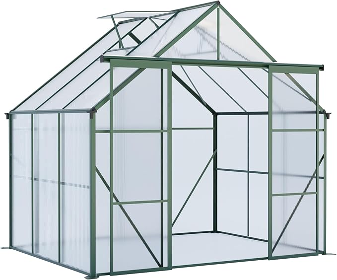 KEIKI 8x6 FT Double Door Polycarbonate Greenhouse with Aluminum Frame,Raised Base and Roof Vent,Walk-in Greenhouses for Patio Garden Backyard
