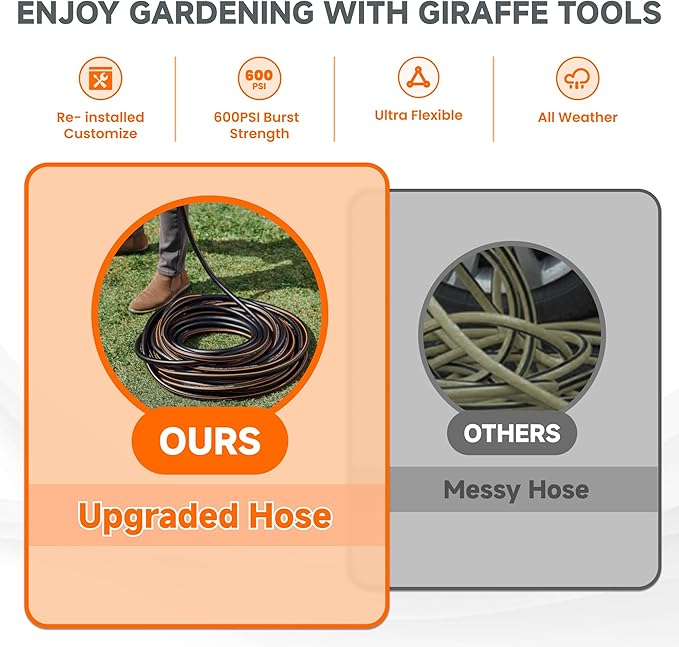 Giraffe Tools Leader Hose 5ft x 5/8", Custom Length, Heavy Duty, No Kink, Flexible, Rubber Garden Hose, Leakproof Water Hose with Female to Female Fittings, 600 Burst PSI