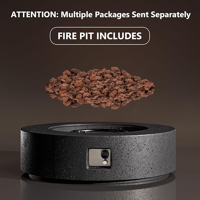 COSIEST 42 inch Outdoor Propane Fire Pit Coffee Table w Concrete Round Base Patio Heater, 50,000 BTU Stainless Steel Burner, Free Lava Rocks, Rain Cover, Gray