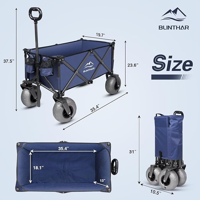 Beach Wagon with Big Wheels for Sand, Heavy Duty Collapsible Folding Wagon with All-Terrain 9" Pneumatic Tires & Drink Holders, Utility Wagon for Garden Sports Camping Outdoor Activities