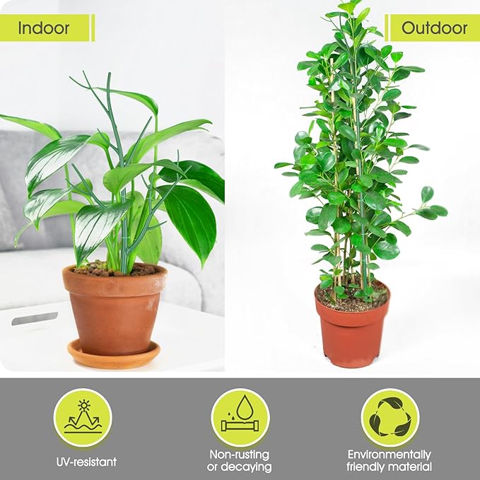 10 Pack Plant Support Stakes for Indoor Plants, 27.56 Inch Twig Plant Sticks with Orchid Clips Twist Ties and Plant Ties for House Potted Plants and Flower, Plastic Branches Support Structures, Green