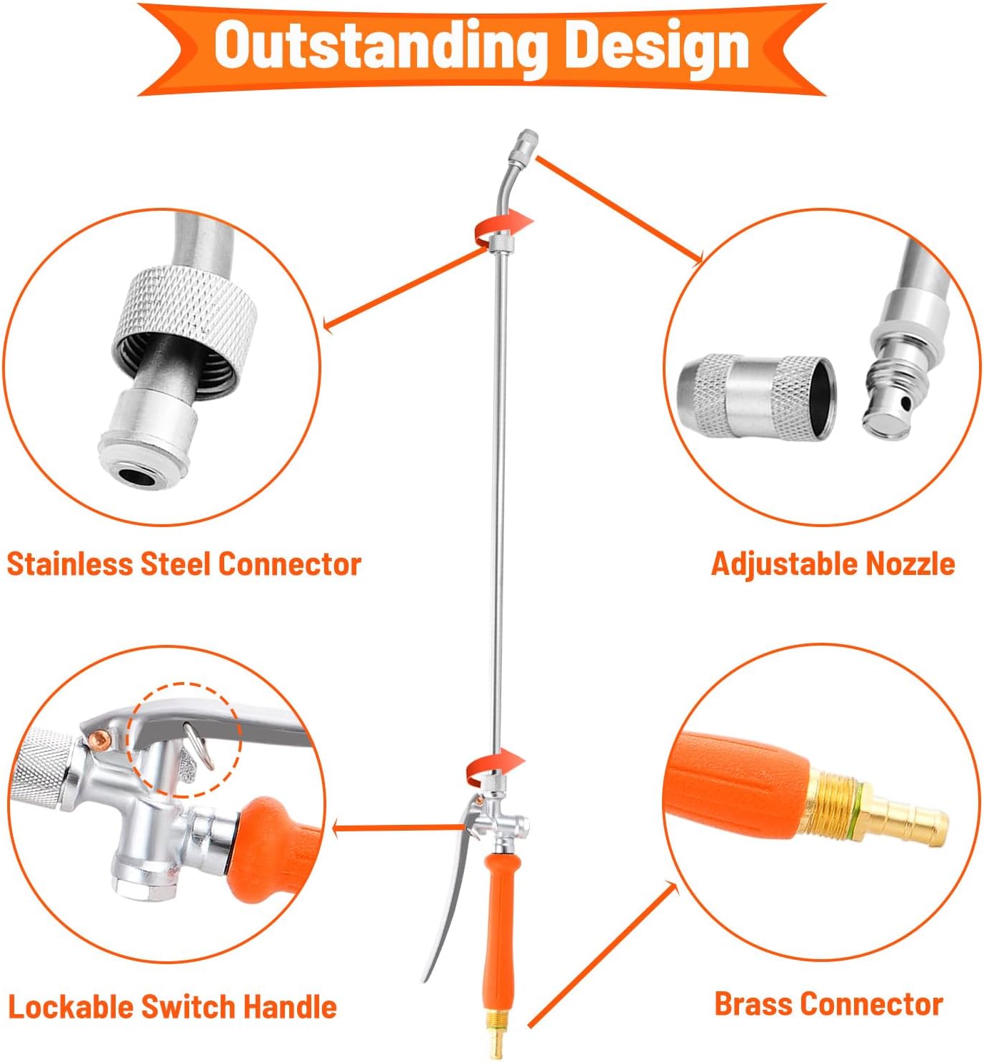29 Inch Spray Wand Replacement, Brass Barb Match 1/4" & 3/8" Sprayer Wand Hoses, Adjustable Nozzle Stainless Steel Sprayer Wand with Shut off Valve for Weed Garden Car Wash (Orange, 29 inches*1)