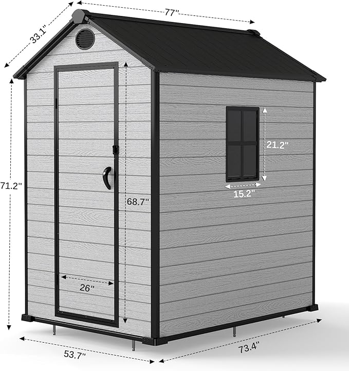 4 x 6 FT Shed Resin Outdoor Storage with Floor, 230 cuft Plastic Shed with Window and Lockable Door for Garden, Backyard, with Wood Texture, Grey