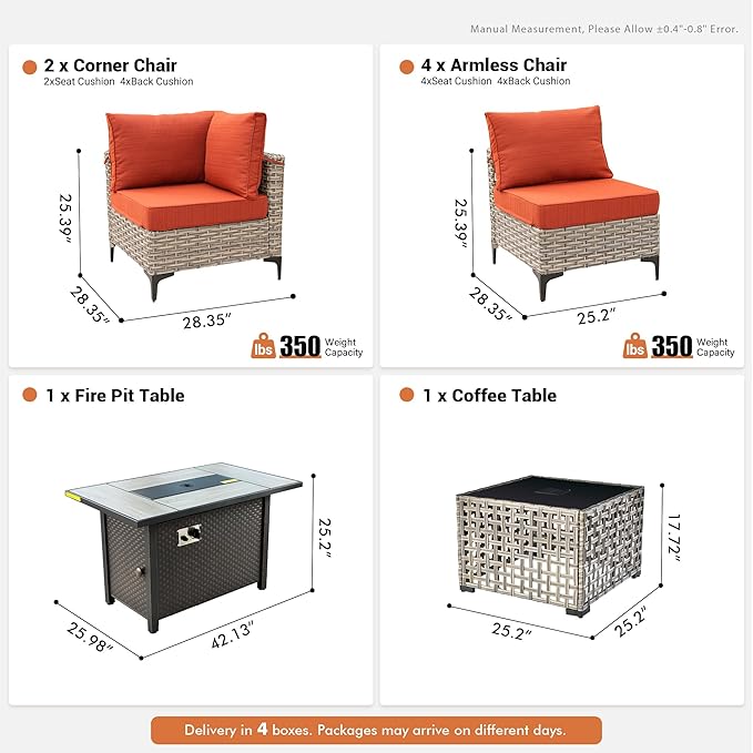 Outdoor Sectional Patio Furniture Set with Fire Pit Table and Glowing Table,8 Pieces Wicker Conversation Sets L Shaped Couch Out Door Sofa Set Outside Furniture for Garden Deck Yard,Orange Red