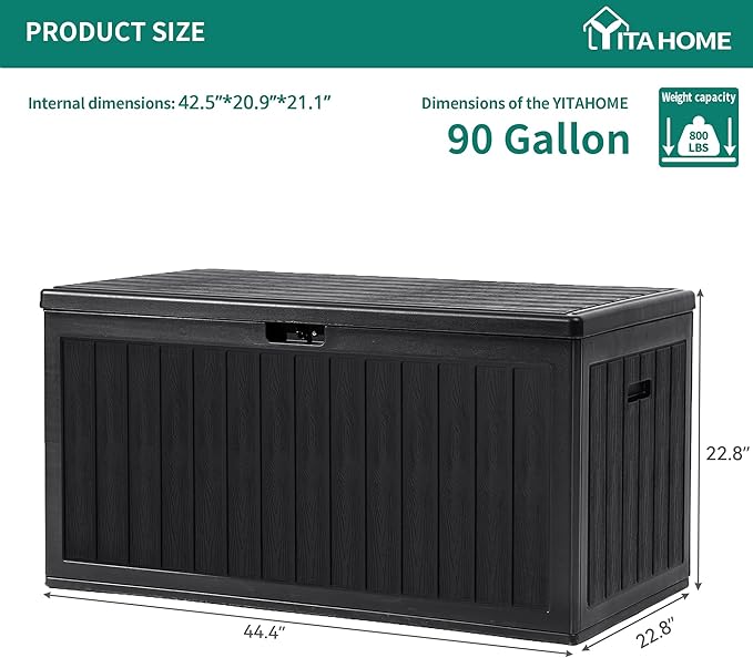 YITAHOME 90 Gallon Double-Wall Deck Box with Side Handles, Outdoor Large Storage for Patio Furniture Cushions, Garden Pool Accessories, Water Resistant & Lockable
