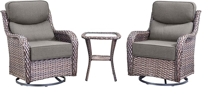 Luxury High Back Outdoor Swivel Rocker Patio Chairs with Side Table & 6-Inch Thick Cushions, 3 Pieces Patio Furniture Set for Porch, Balcony, Deck and Yard