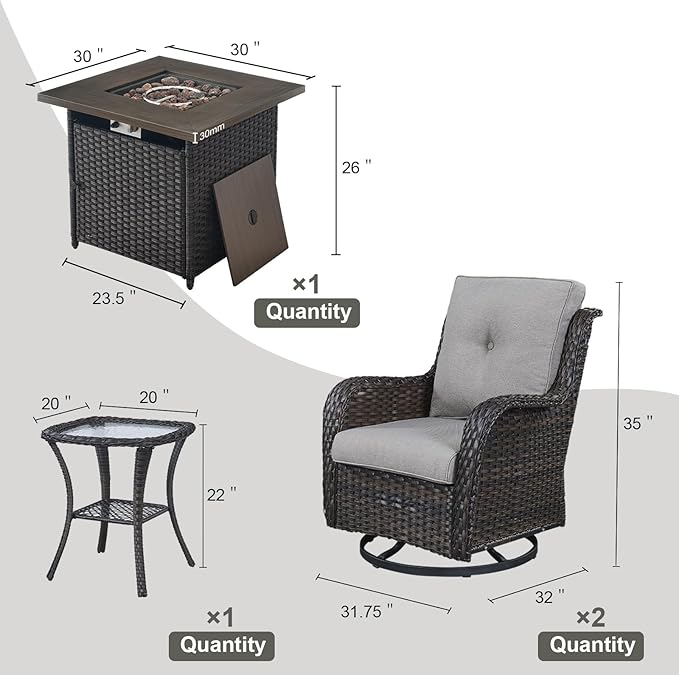 4 Pieces Patio Furniture Set with Fire Pit 50,000 BTU,Outdoor Swivel Rocker Chairs Set of 2 with PE Rattan Side Table,Wicker Outdoor Conversation Set with Rocking Chairs