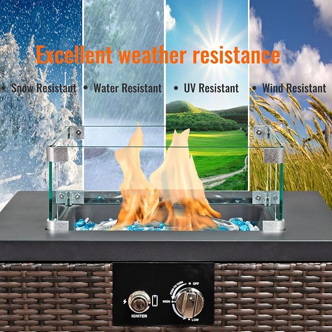 22in Outdoor Propane Gas Fire Pit Table, 40,000 BTU Auto-Ignition Gas Firepit with Glass Wind Guard, Painted Steel Tabletop, Mixed Color Glass Rocks, Brown PE Rattan