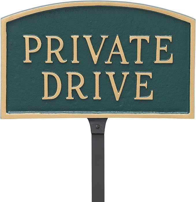 Montague Metal Products SP-12sm-HGG-LS Small Hunter Green and Gold Private Drive Arch Statement Plaque with 23-Inch Lawn Stake