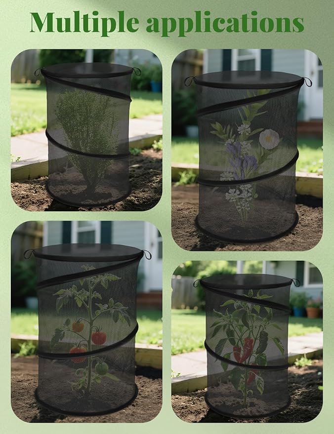 4 Pack Pop Up Plant Covers from Animals, 20" H X 13" D Insect Garden Covers, Round Foldable Mesh Plant Cover, Plant Protectors for Outdoor Plants, with Stakes and Labels (Black)