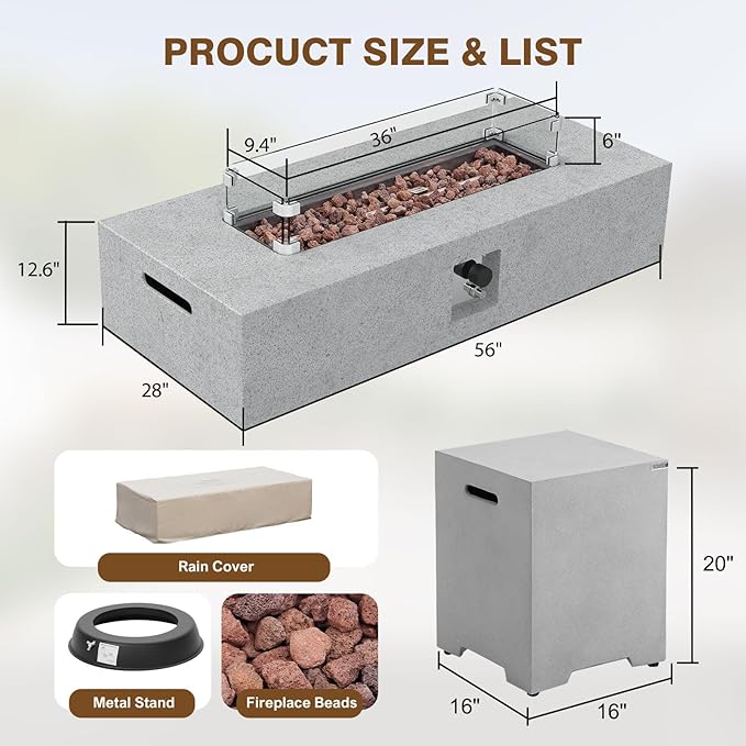 3-Piece Outdoor Propane Fire Pit Table Set – Premium Marble-Like MgO Finish, 56-Inch Gas Fire Table with Tank Table & Glass Wind Guard for Patio, Garden & Backyard, Includes Rain Cover & Lava Rocks