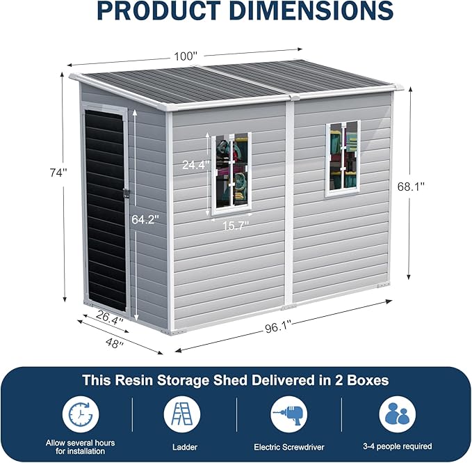 CDCASA 4x8 FT Resin Lean to Shed, Waterproof Outdoor Storage Sheds with Floor & Adjustable Openable Windows, Outside Plastic Tool Shed for Backyard Patio Poolside Garden, Gray