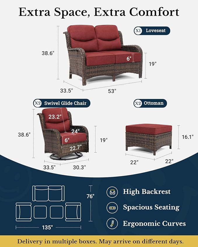 HILLGA Luxury High Back Patio Furniture Set with 6-Inch Thick Cushion, 5-Piece Outdoor Conversation Set with Loveseat, Swivel Rocker Chairs & Ottomans, Ideal for Porch Pool Deck Yard (Burgundy)