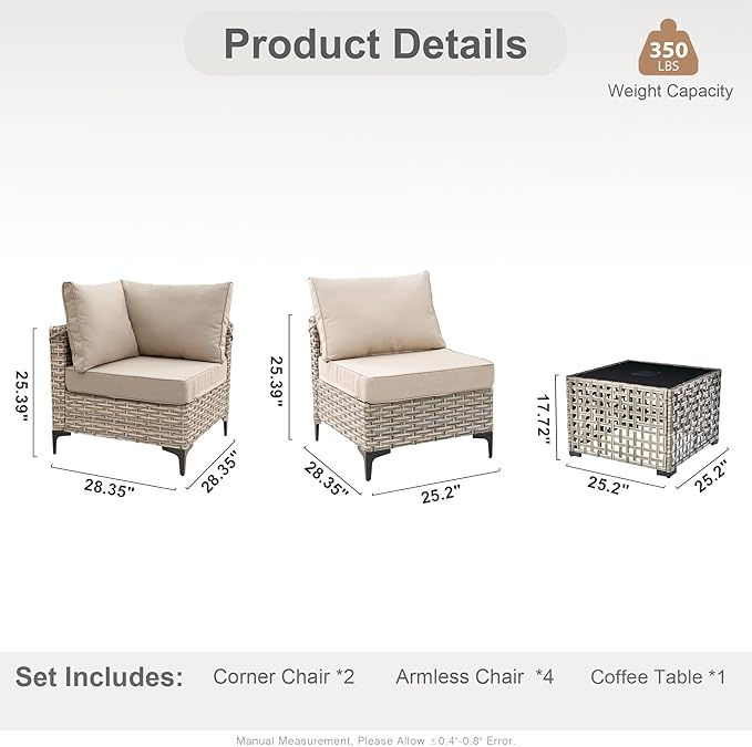 HOOOWOOO Outdoor Patio Furniture Set,7 Pieces Wicker Out Door Sectional Furniture L Shaped Couch,Outside Patio Conversation Sets with LED Table,Beige