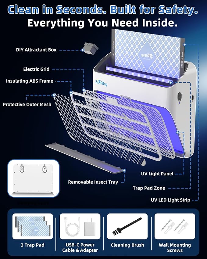 2025 Bug Zapper & Trap Indoor, 5X Catcher Rate Fly Killer, USB-C Powered Electric Mosquito Zapper with Long-Life UV LED, Fruit Fly Trap for Home, Kitchen, Bedroom, 1 Device & 3 Traps