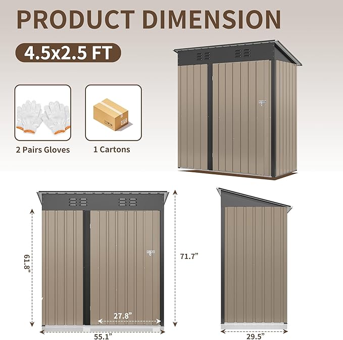WKM 5x3 FT Outdoor Storage Shed, Utility Metal Tool Storage with Lockable Doors and Updated Frame Structure, Large Metal Garden Shed for Backyard, Patio Lawn,Brown