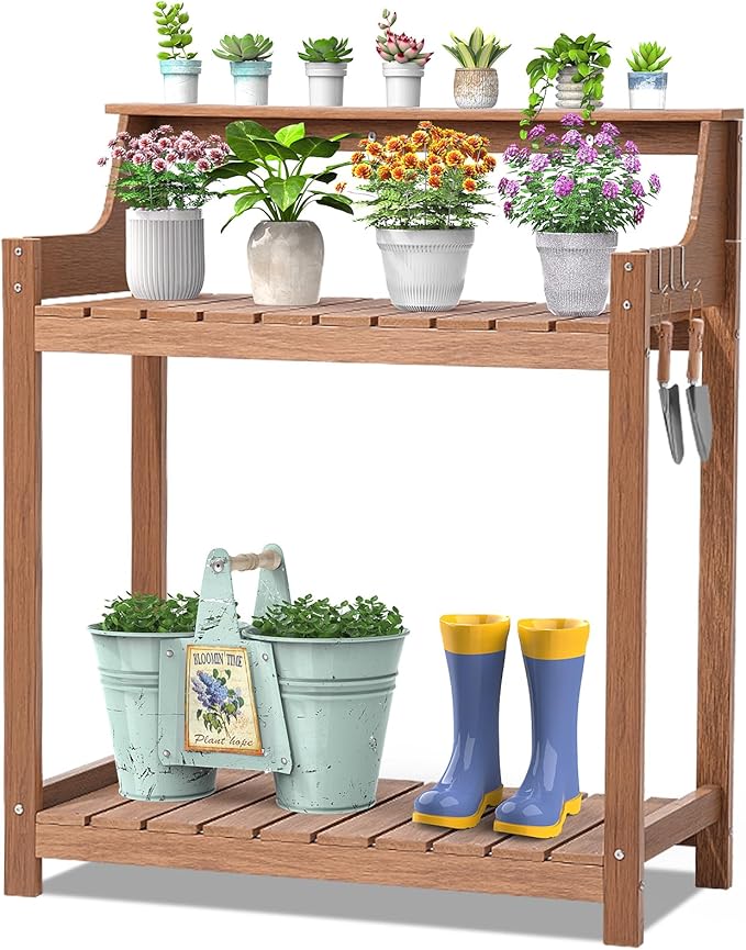 HDPS Potting Bench, All Weather Potting Table with 33.18" Highten Tabletop and 8 Hooks, Easy Assembly Garden Work Bench, Outdoor Potting Benches for Outside Patio Lawn, 360LBS Capacity, Teak