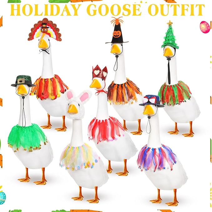 7 Set Holiday Porch Goose Outfits St. Patrick Easter 4th of July Halloween Thanksgiving Christmas Lawn Goose Clothing Hat and Tutu Collar Goose Outfit for 23" Goose Patio Yard Decor