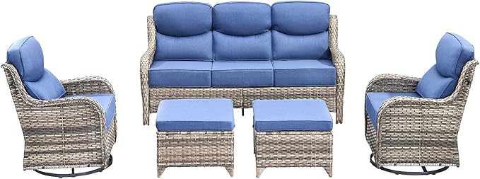 Luxury High Back Outdoor Furniture with 6-Inch Thick Cushions, Patio Furniture Set with Swivel Chairs, 5 PCS Wicker Conversation Set for Porch, Balcony, Deck and Yard