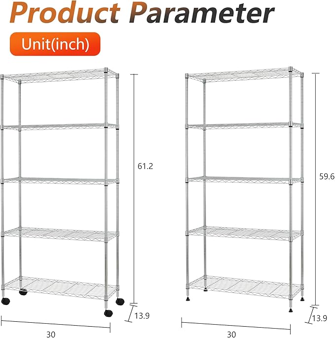 FDW | 5-Tier Wire Storage Shelves with Wheels | 30"x14"x61" | Chrome | Adjustable Racks | Heavy-Duty Metal Shelf, Holds Upto 220 lbs | Tool-Free Assembly, Rust-Resistant | for Home & Garage Shelving