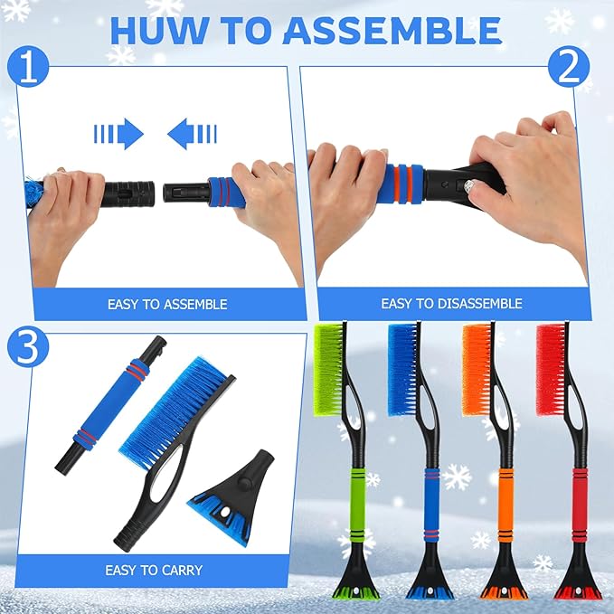 Uiifan 24 Pcs 24" Snow Brush and Ice Scrapers for Car Windshield Windows Detachable No Scratch Scraper for Ice and Snow Removal Winter with Foam Grip Trucks SUVs (Red,Orange,Blue,Green)