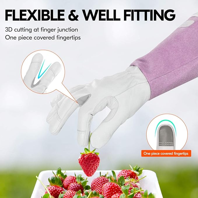 Vgo... 1-Pair Premium Genuine Goat Leather Extra-Long Cuff Thornproof Gardening Gloves (Size M, Pink White, GA1013)