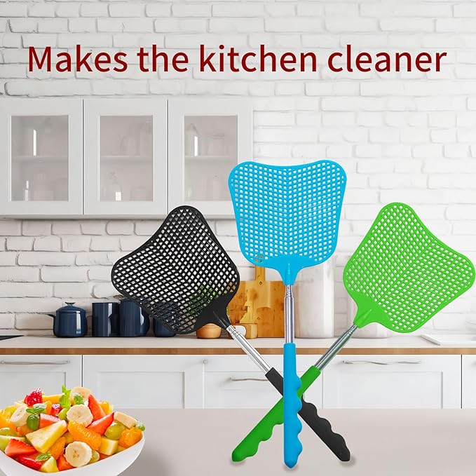 Fly Swatters 3 Pack, Durable Telescopic Stainless Steel Handle, Heavy Duty Bug Zapper Racket, Upgraded Plastic Fly Swatter Set for Indoor Outdoor Home Hiking Camping Garden, Blue Black Green