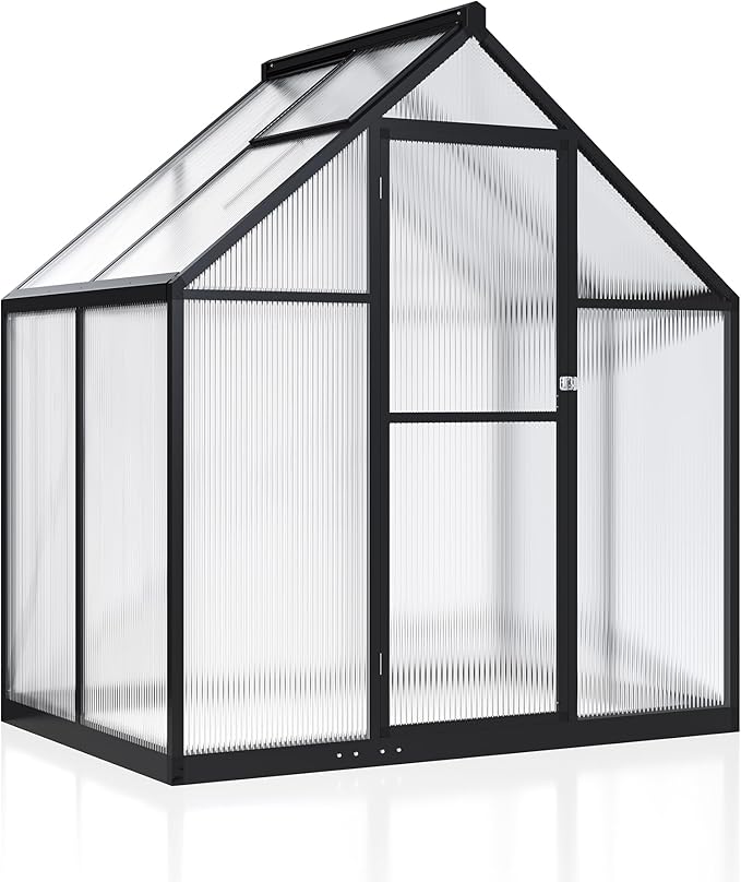 WKM Greenhouse for Outdoors 4x6 FT, Polycarbonate Green House with Roof Vent and Quick Setup Structure, Aluminum Greenhouse for Garden Backyard, Black