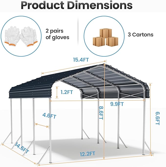 10x15' Heavy Duty Metal Carport – Sturdy Structure, All-Weather Protection, Easy Assembly for Cars, Boats, Trucks,Tractors, and Outdoor Storage (Grey, 10x15FT)