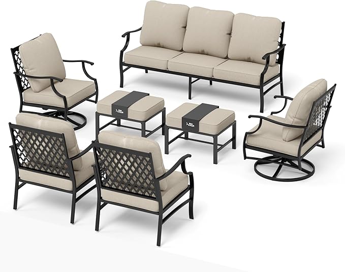Patio Furniture Set 7 pcs, Outdoor Patio Furniture, 3-Seat Sofa, 2 Single Chairs, 2 Swivel Chairs, 2 Ottomans and 5.75" Extra Thick Cushion, Patio Conversation Set for Backyard Deck,Beige