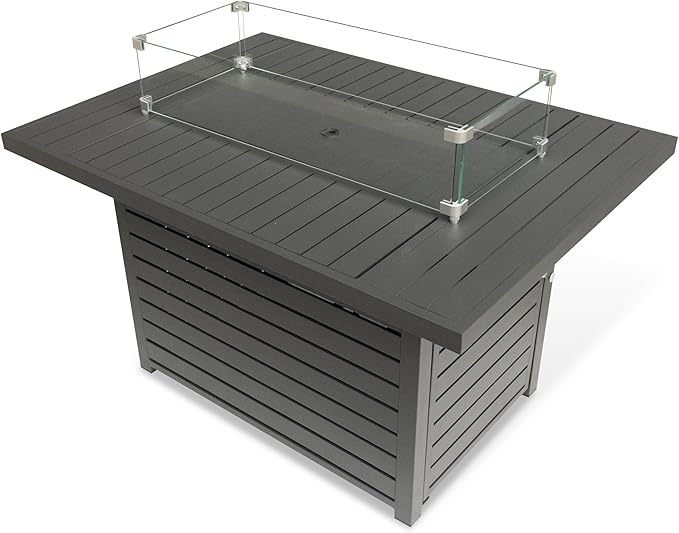 Rectangle Propane Fire Pit Table: 43'' Patio Gas Fire Table 50000 BTU - Rustproof Aluminum Tabletop Firepit Wind Guard Glass Beads - Outdoor Heating for Dining Party Garden Deck - Dark Gray