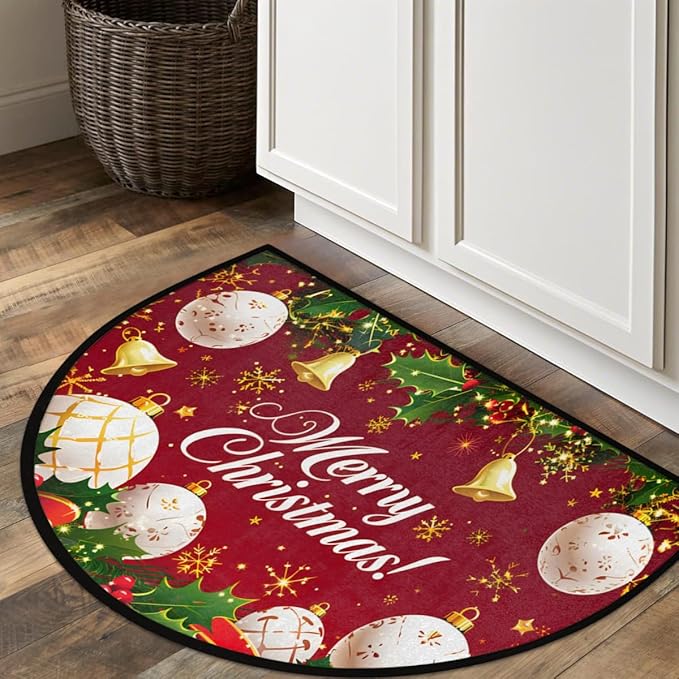 Christmas Half Round Door Mat, Christmas Bells Snowflakes Balls Semicircle Door Mats, Non Slip Area Rug Soft Doormat for Indoor Entrance Wear Resistant Welcome Mat for Garage Patio Home 24 x 36 In