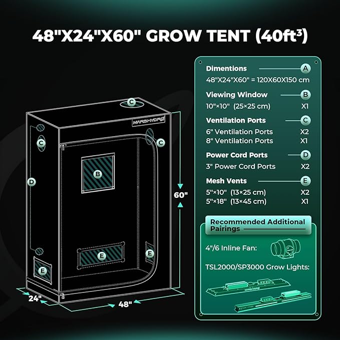 MARS HYDRO 4x2x5 Advanced Grow Tent, 48"x24"x60" High Reflective Mylar 1680D for Hydroponics Indoor Plant Growing, with Observation Window,Floor Tray and Smooth Zipper for TSL2000/SP3000