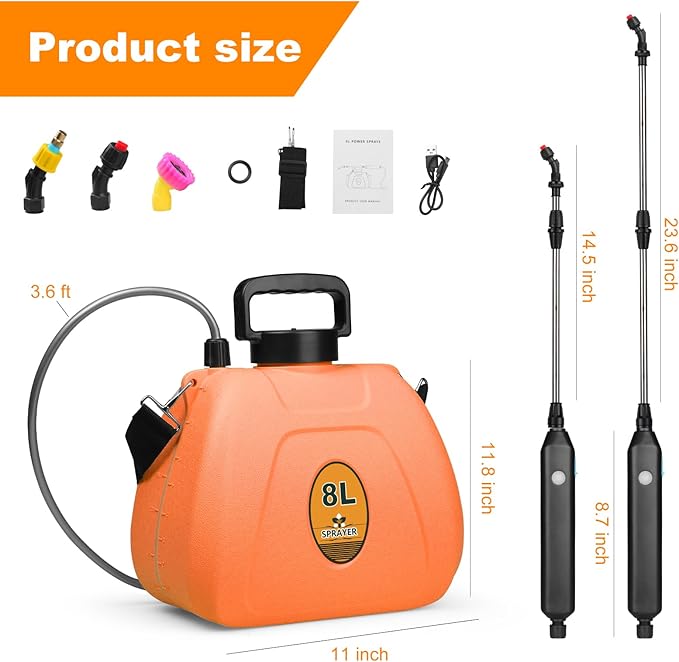 Battery Backpack Sprayer 2.1 Gallon, Rechargeable Sprayer with 3 Adjustable Nozzles, 1.5-3H Runtime, Adjustable Wand Leak-Proof & Chemical-Resistant Tank for Lawn, Garden & Farm Use (Orange)