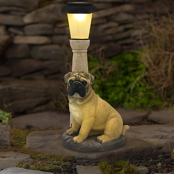BAYN Solar Dog Garden Statues with Lantern, Resin Pug Dog Sculpture with Warm White Light for Outside Lawn Porch Patio