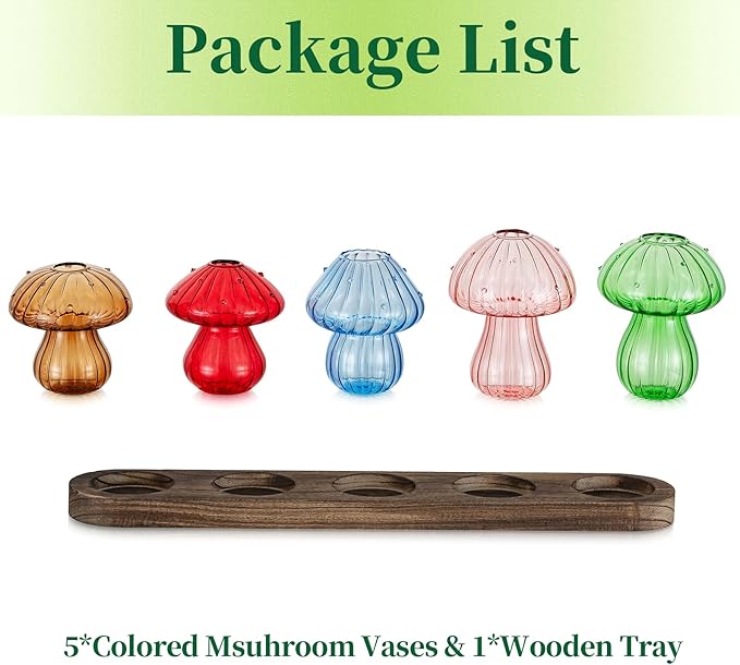Glass Propagation Station for Plant: Mushroom Planter with Wooden Stand for Home Office Decor - Unique Propagation Jars for Plant Lovers - Set of 5 Hydroponic Mushroom Vases Gift for Mom