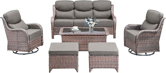 Luxury High Back Outdoor Furniture with 6-Inch Thick Cushions, Patio Furniture Set with Swivel Chairs, 6 PCS Wicker Conversation Set for Porch, Balcony, Deck and Yard