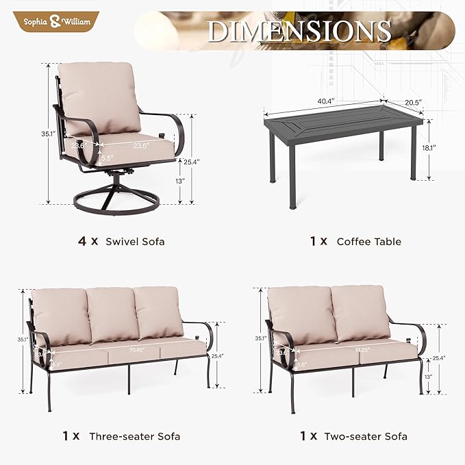 Sophia & William 5 Piece Patio Furniture Set, Outdoor Conversation Sets 7 Seat with 3-seat Sofa x 1, Loveseat x 1, Swivel Chair x 2, Metal Coffee Table x 1 for Porch Lawn, Beige