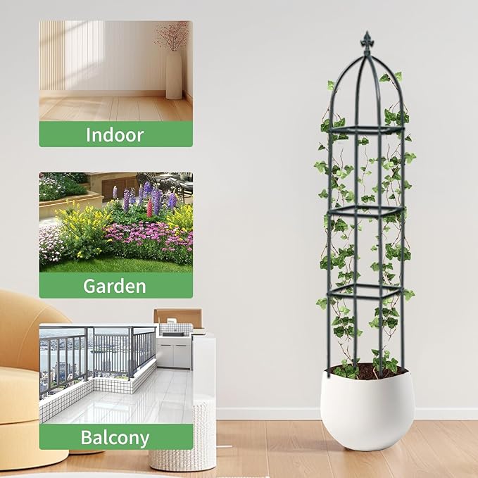 Garden Trellis for Climbing Plants Outdoor - Powder-Coated Steel 63" Metal Trellis Towering Plant Support - Heavy Duty Obelisk Trellis for Climbing Vine, Vegetables & Flowers,Deep Green