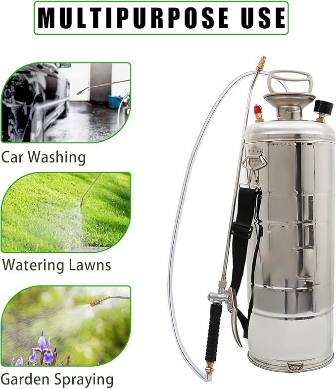 3 Gallon Stainless Steel Sprayer Hand Pump Sprayer with Pressure Gauge Safety Valve Adjustable Nozzle for Gardening Lawn and Cleaning