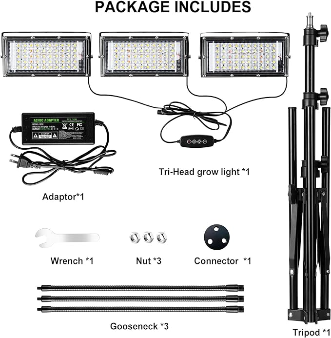 LBW Grow Light with Stand, Tri-Head LED Plant Light for Indoor Plants, Full Spectrum 150 LEDs, 3/6/12H Timer, 6 Dimmable Levels, 3 Switch Modes, Adjustable Tripod Stand 15-63 inches